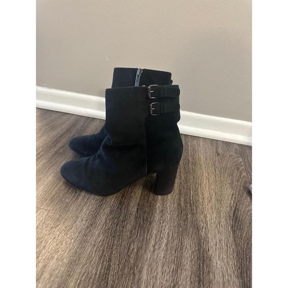 Aquatalia Shoes - Aquatalia Black Suede Buckle Block Heel Ankle Boots Made in Italy Size 7.5